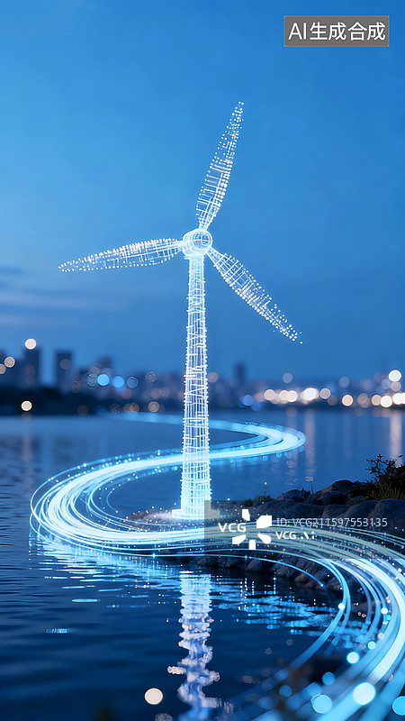 【AI数字艺术】发光蓝色科技风车，新能源科技背景——发光抽象粒子与风力发电的风车图片素材