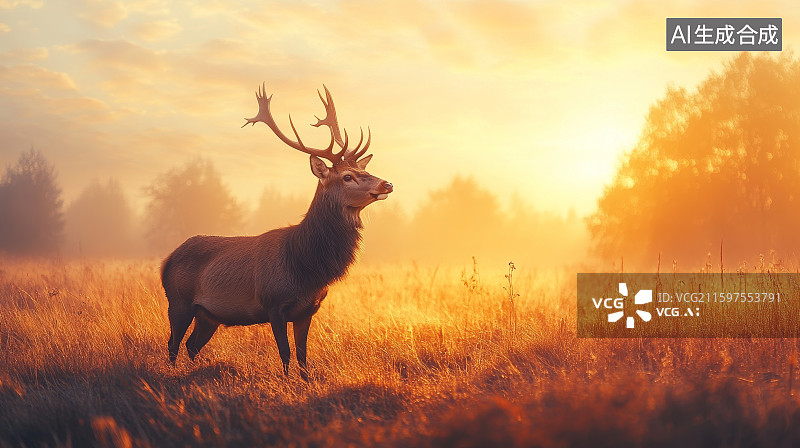 【AI数字艺术】晨曦中的雄鹿图片素材