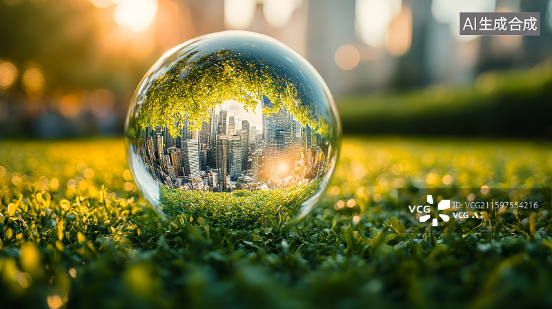 【AI数字艺术】玻璃球中的城市倒影图片素材