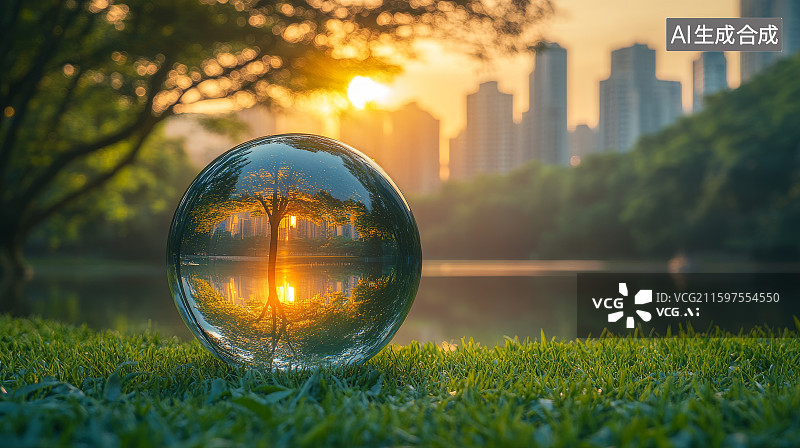 【AI数字艺术】玻璃球反射树影与城市天际线图片素材