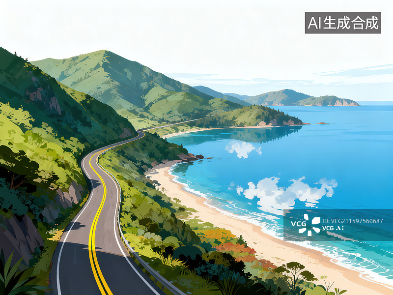 【AI数字艺术】海岸线蜿蜒公路 自然风光景观图片素材