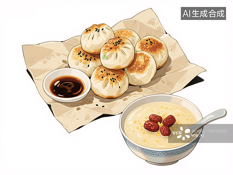 【AI数字艺术】煎包配小米粥图片素材
