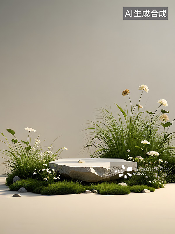 【AI数字艺术】小草坪石块展台浅粉色商品背景图片素材