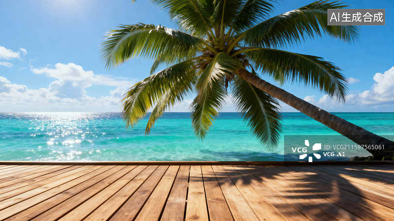 【AI数字艺术】椰树下的木栈道与碧海蓝天图片素材