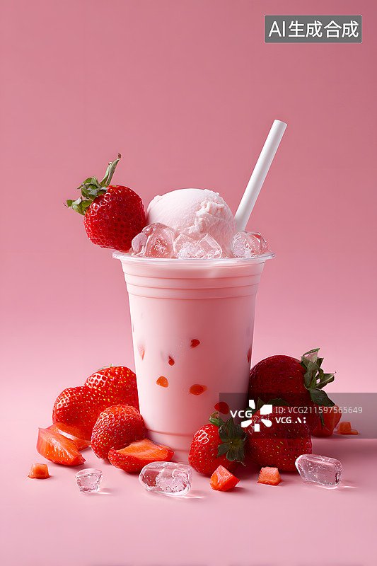 【AI数字艺术】粉红背景上奶茶和草莓图片素材