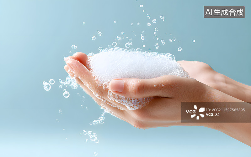 【AI数字艺术】双手捧着肥皂泡沫洗手特写图片素材