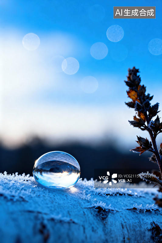 【AI数字艺术】冰晶上的水珠与枯枝图片素材