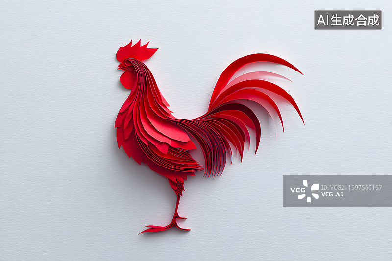 【AI数字艺术】红色剪纸风格大公鸡图片素材
