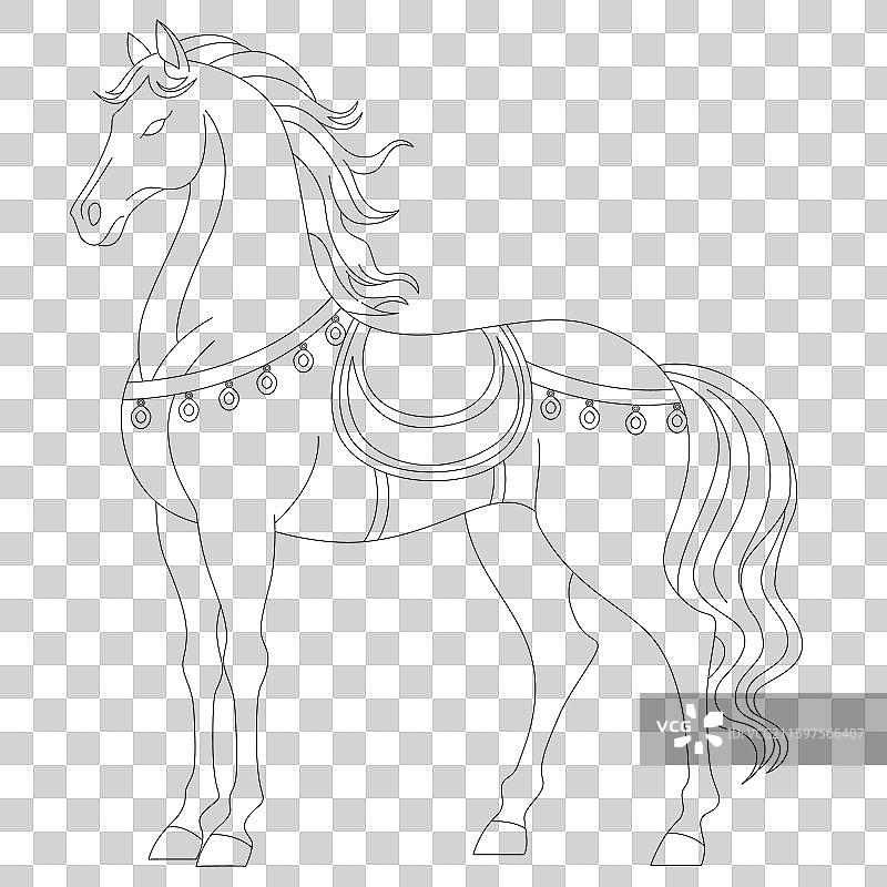 2026马年十二生肖骏马奔腾黑色线稿插画图片素材
