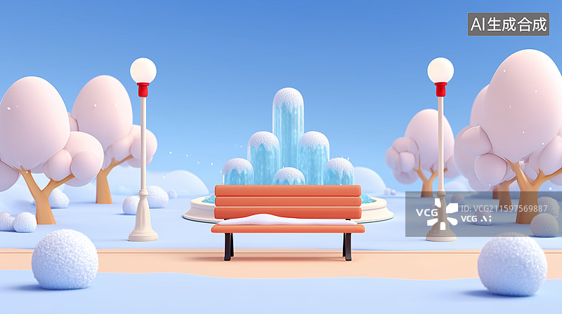【AI数字艺术】冬日公园雪景卡通场景图片素材