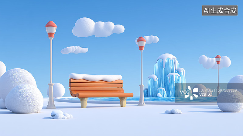 【AI数字艺术】冬日公园雪景卡通场景图片素材