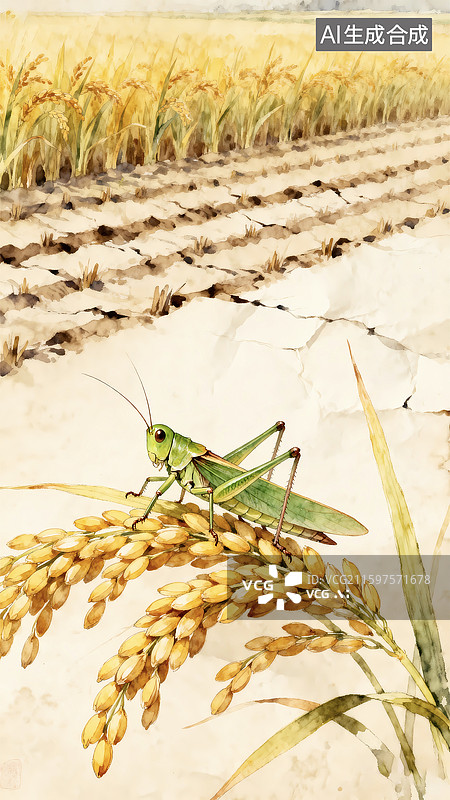 【AI数字艺术】秋天丰收麦田稻谷蚂蚱特写插画图片素材