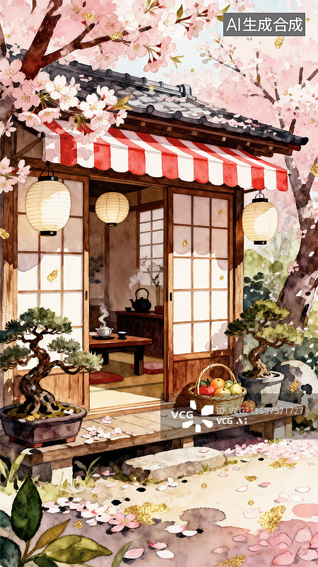 【AI数字艺术】日式森林小屋樱花榻榻米图片素材