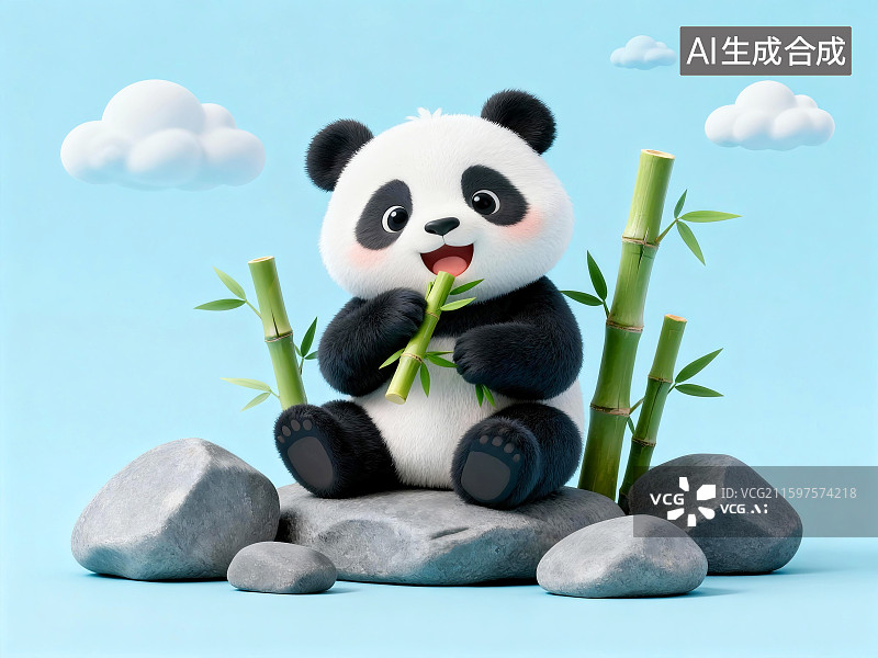 【AI数字艺术】竹林里抱着竹子的熊猫图片素材