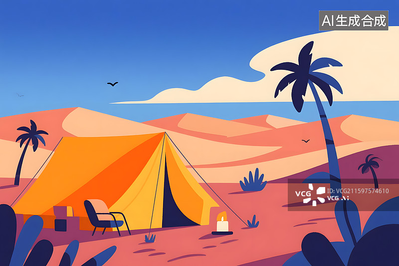 【AI数字艺术】沙漠日落露营场景图片素材