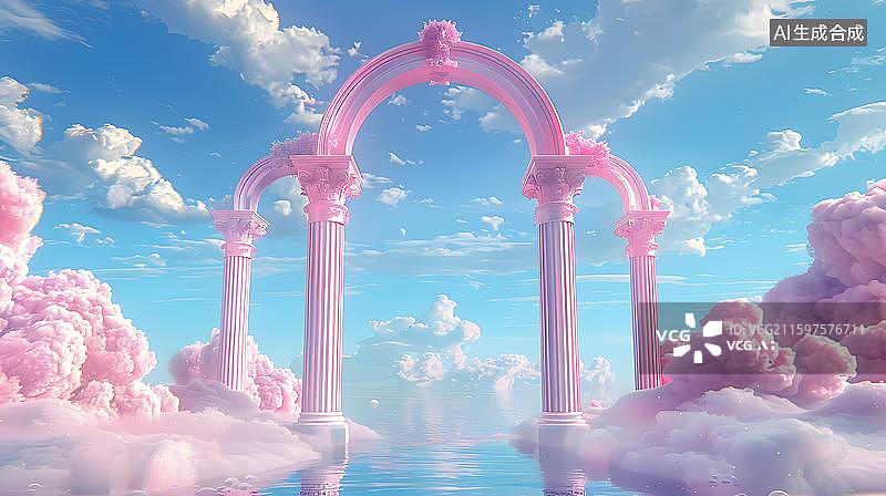 【AI数字艺术】粉色云朵下的彩虹拱门 梦幻粉色云端通道  粉色罗马柱和蓝天白云  在云端上的粉红色拱门背景图片素材