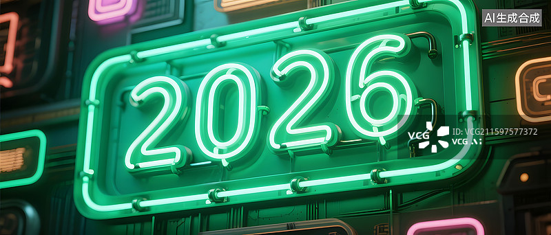 【AI数字艺术】绿色霓虹灯数字2026特写图片素材
