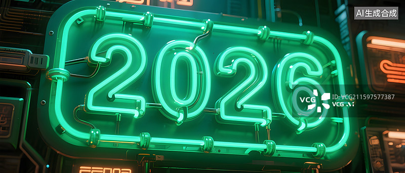 【AI数字艺术】绿色霓虹灯数字2026闪耀未来感场景图片素材