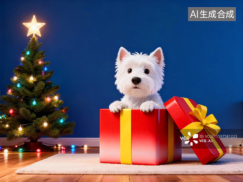 【AI数字艺术】圣诞节礼物盒里的西高地白猎犬图片素材