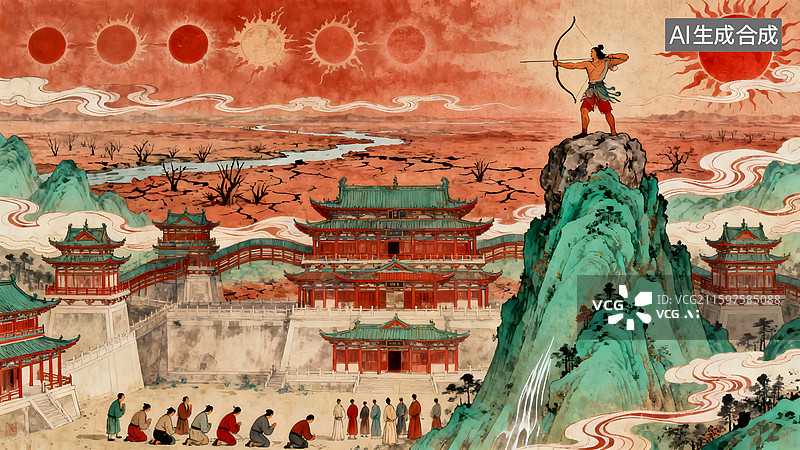 【AI数字艺术】中国古代神话传说女娲造人后羿射日夸父追日插画图片素材