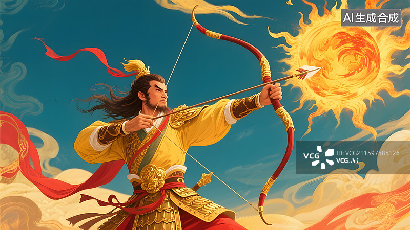 【AI数字艺术】中国古代神话传说女娲造人后羿射日夸父追日插画图片素材