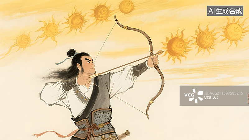 【AI数字艺术】中国古代神话传说女娲造人后羿射日夸父追日插画图片素材