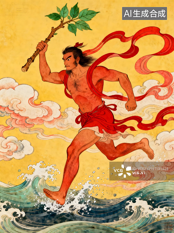 【AI数字艺术】中国古代神话传说女娲造人后羿射日夸父追日插画图片素材
