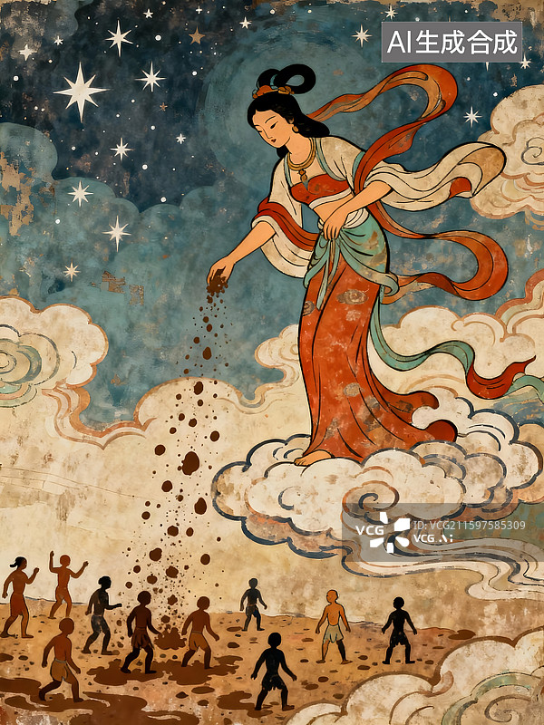 【AI数字艺术】中国古代神话传说女娲造人后羿射日夸父追日插画图片素材