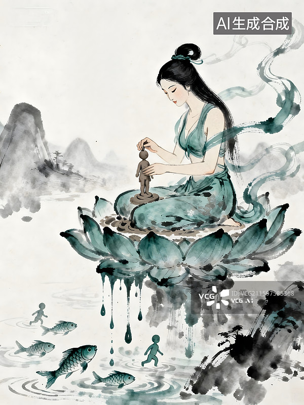 【AI数字艺术】中国古代神话传说女娲造人后羿射日夸父追日插画图片素材