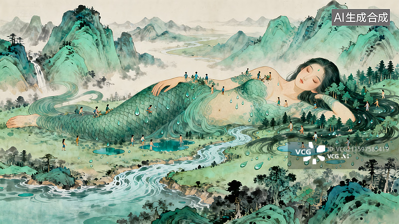 【AI数字艺术】中国古代神话传说女娲造人后羿射日夸父追日插画图片素材