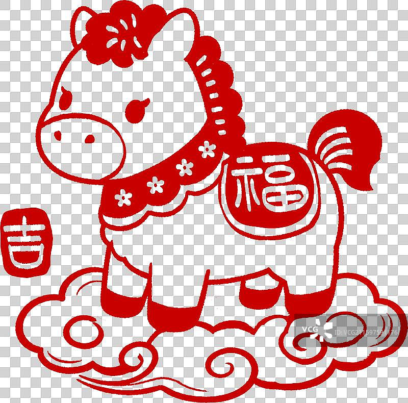 马红色可爱卡通插画马侧面踩祥云福字马鞍剪影窗花形象古风印章吉印章图片素材