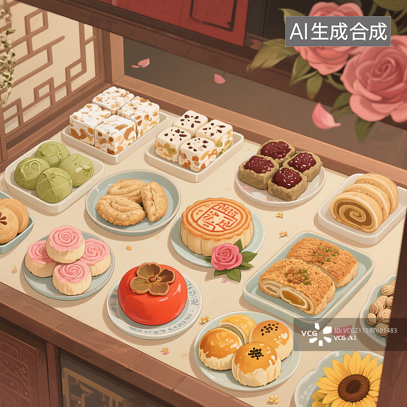 【AI数字艺术】动漫插画，中式糕点铺里卖有雪花酥，麻薯，红茶酥，桃花酥，裹泥酥，枣泥酥，柿子酥图片素材
