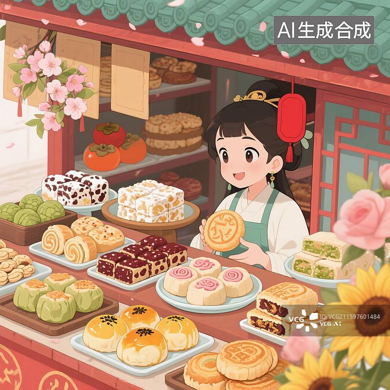 【AI数字艺术】动漫插画，中式糕点铺里卖有雪花酥，麻薯，红茶酥，桃花酥，裹泥酥，枣泥酥，柿子酥图片素材