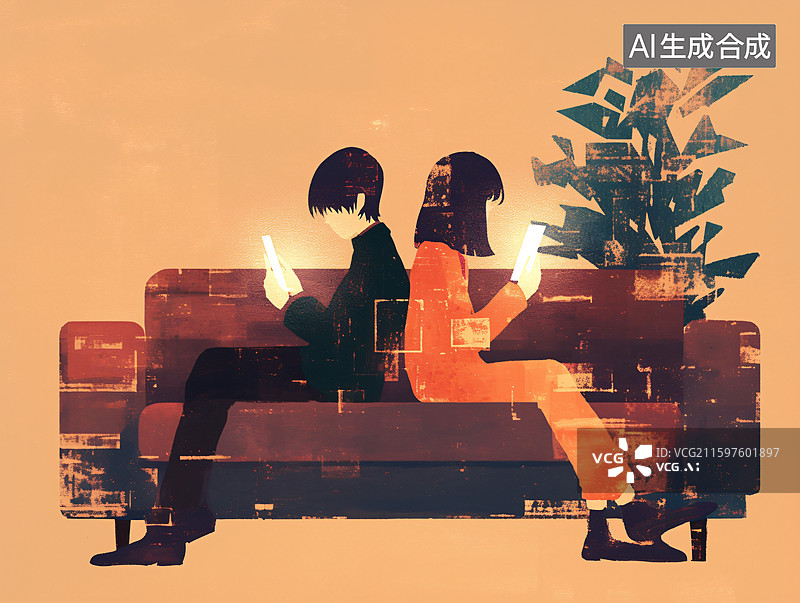 【AI数字艺术】背靠背刷手机的情侣抽象概念插画图片素材