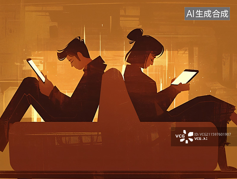 【AI数字艺术】背靠背刷手机的情侣抽象概念插画图片素材