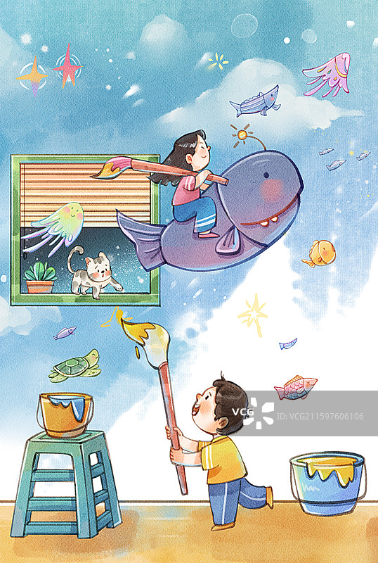 手绘水彩男孩画墙画与鱼群梦幻治愈系竖图插画图片素材