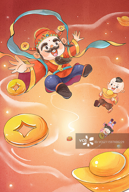 手绘水彩之财神财神撒钱俯视图可爱竖图插画图片素材