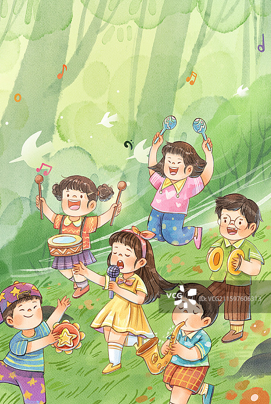 手绘水彩之一群儿童在森林开音乐会治愈系竖图插画图片素材