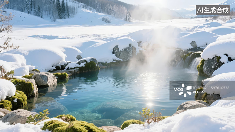 【AI数字艺术】雪中温泉热气蒸腾图片素材