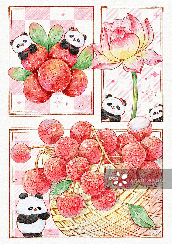 熊猫荔枝水彩分镜插画图片素材