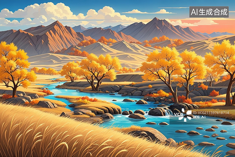 【AI数字艺术】塞北秋景，金黄草原，胡杨棕褐树干金黄树叶，河流蓝白相间，河床石有青苔。图片素材