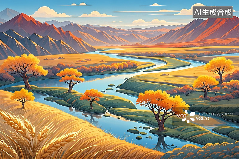 【AI数字艺术】塞北秋景，金黄草原，胡杨棕褐树干金黄树叶，河流蓝白相间，河床石有青苔。图片素材