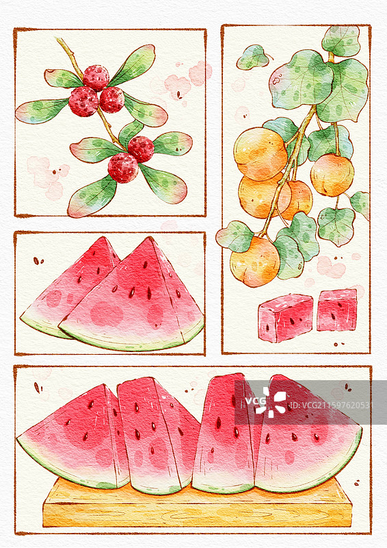 西瓜杨梅水果水彩分镜插画图片素材