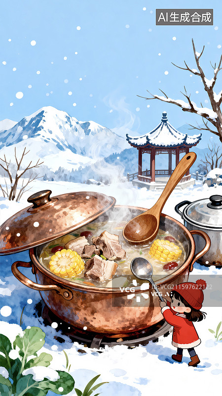 【AI数字艺术】玉米排骨雪景冬天火锅女孩图片素材