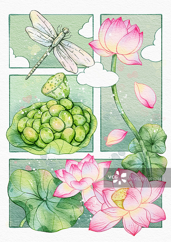 好运莲莲荷花水彩分镜图片素材