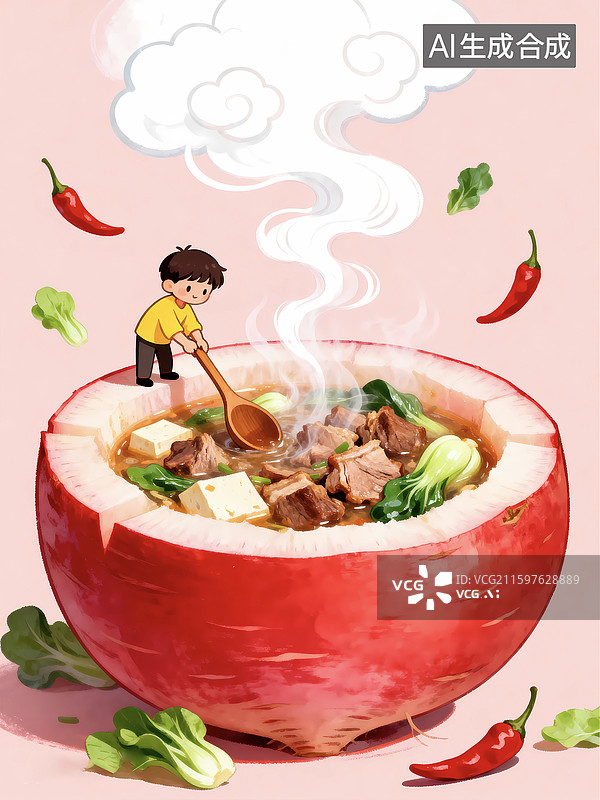 【AI数字艺术】养生立冬美食萝卜牛腩香气插画图片素材