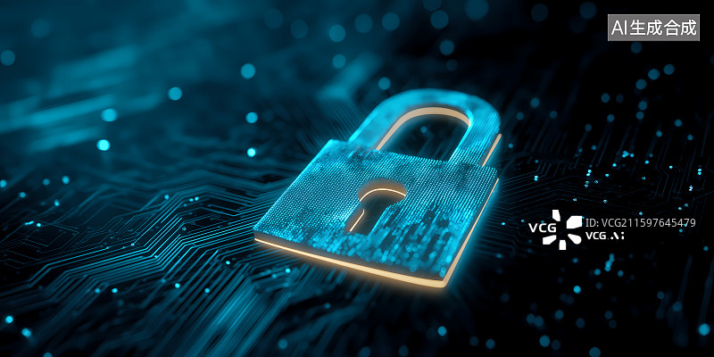 【AI数字艺术】科技感锁具结合数字加密与光影，呈现网络数据安全防护画面。图片素材