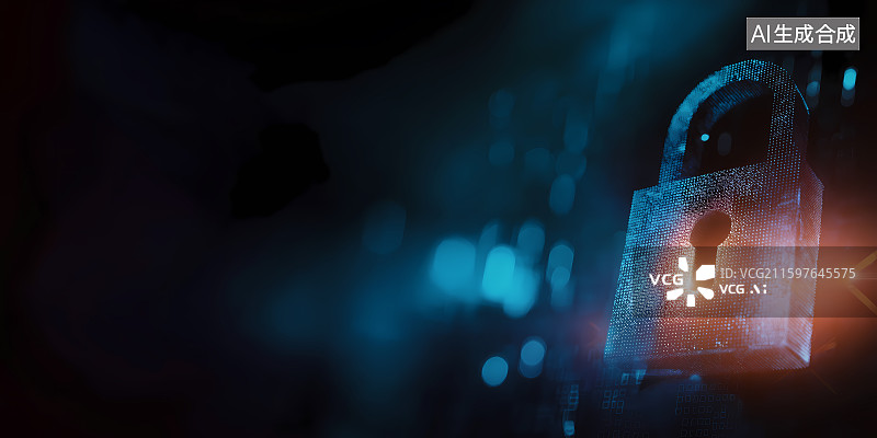 【AI数字艺术】科技感锁具结合数字加密与光影，呈现网络数据安全防护画面。图片素材