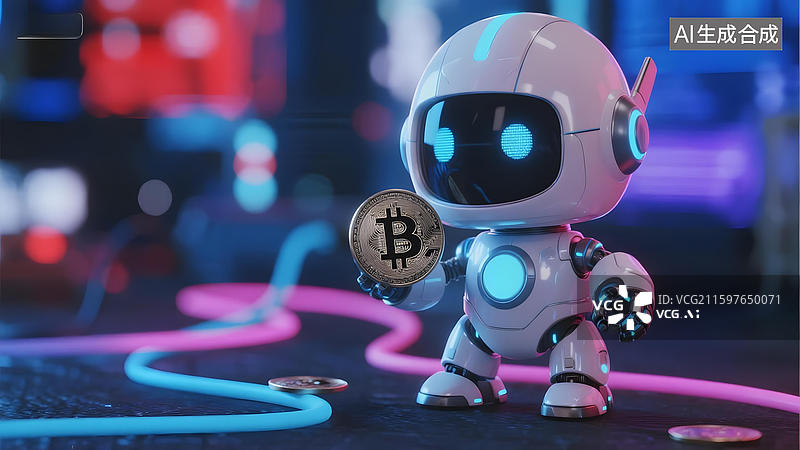 【AI数字艺术】机器人手持比特币金币图片素材