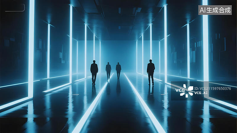 【AI数字艺术】未来走廊中行走的人影图片素材